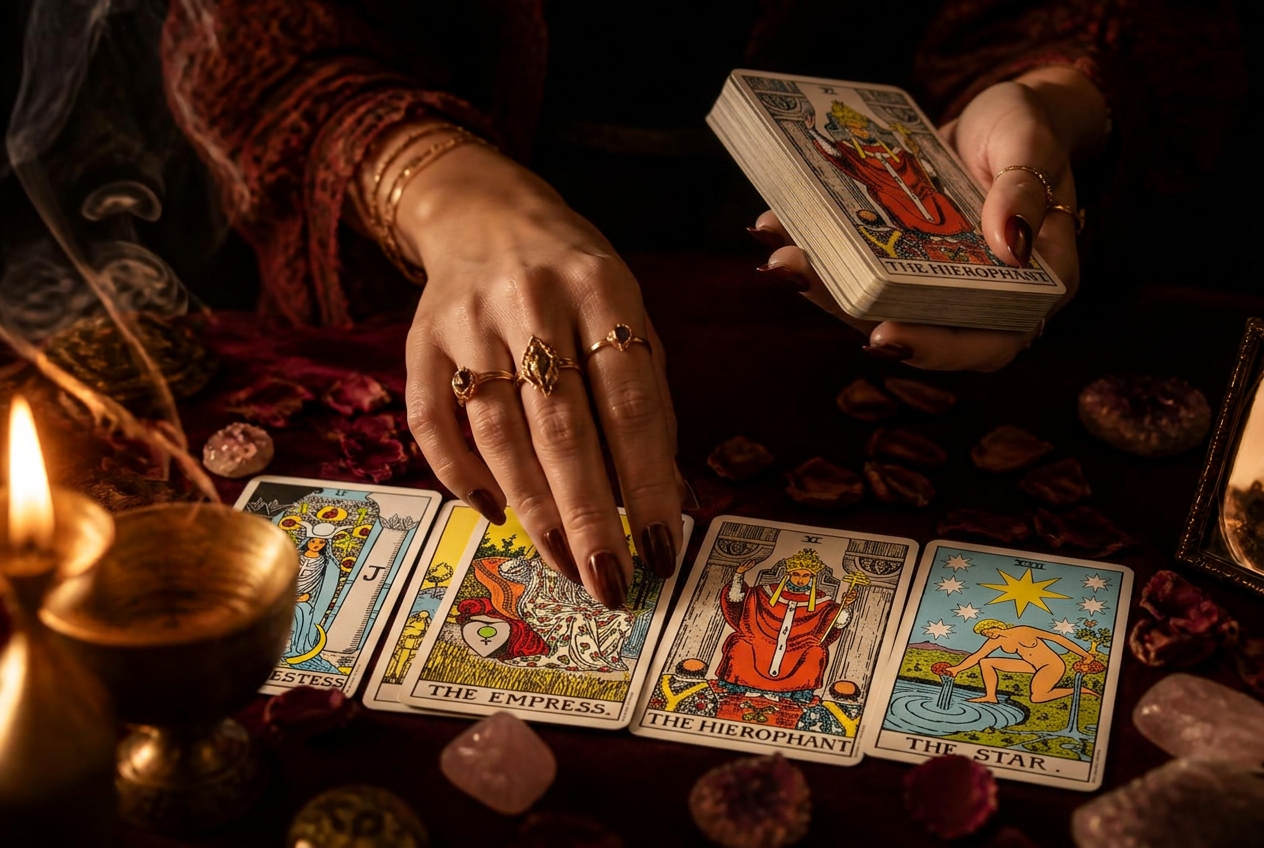 Manos con anillos dorados extendiendo cartas de Tarot sobre terciopelo burdeos, entre velas encendidas y pétalos de rosa